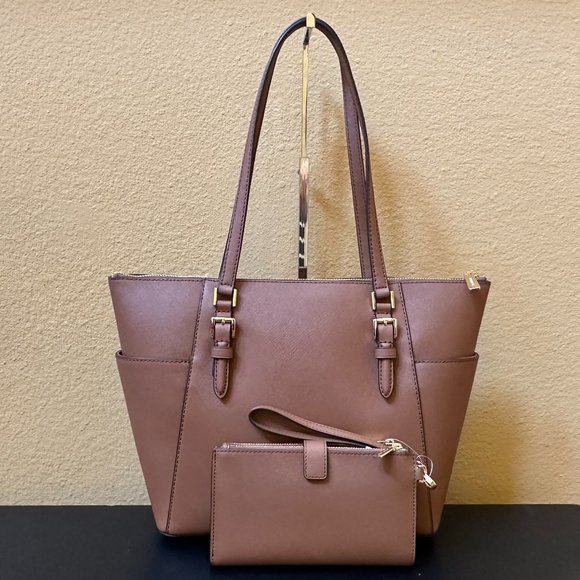 Michael Kors Charlotte Large Tote Shoulder Bag + Double Zip Wallet Set Luggage - Picture 2 of 10